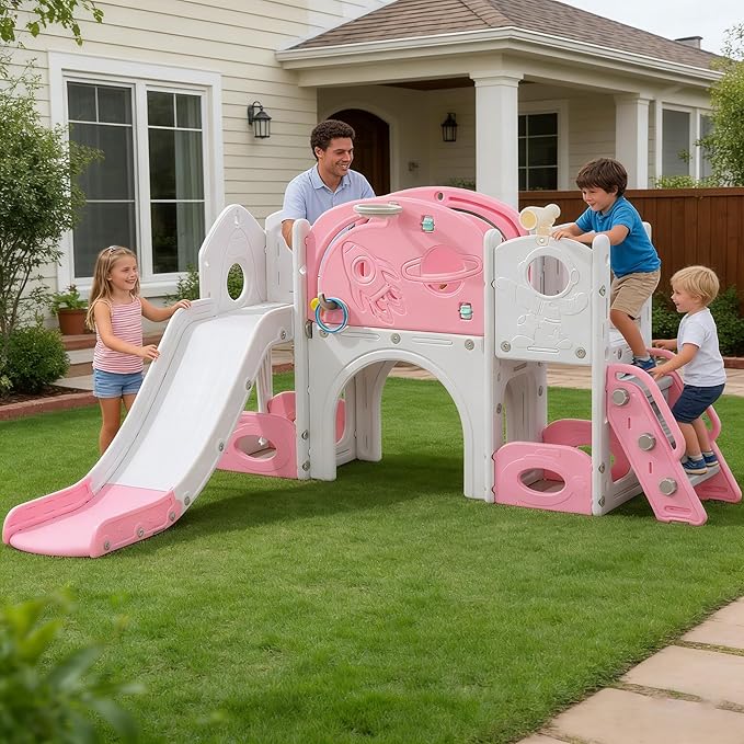 12 in 1 Toddler Slide, Astronaut Themed for Baby Slide Toddlers Aged 3+, with Astronaut,Telescope, Basketball Hoop and Ring Toss, Toddler Playset Pink Gray Combo