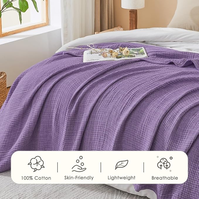EMME Cotton Muslin Queen Blanket Bed Layering Bedspread Coverlet Breathable Gauze Soft Lightweight Adults (Heather Purple, 90"x90")