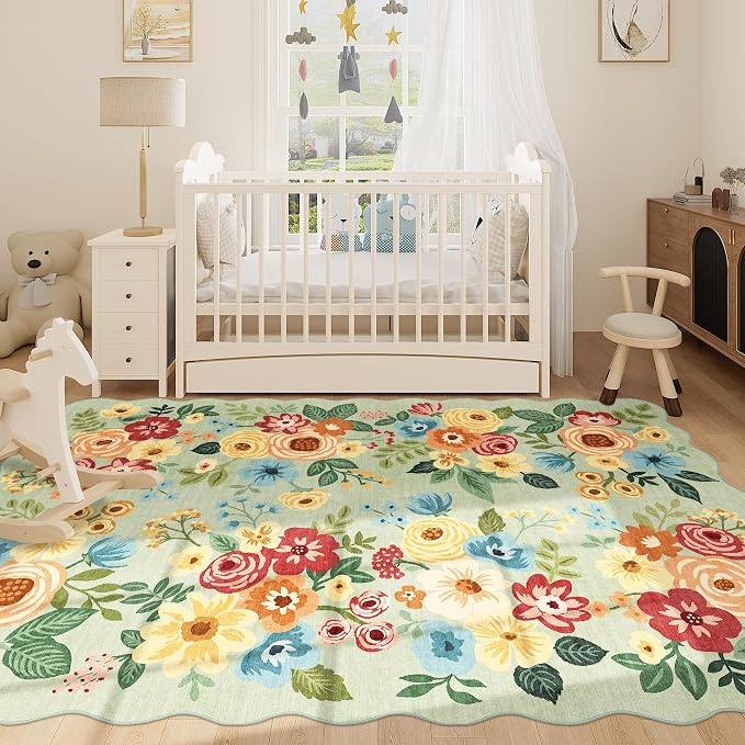 DUKINO 6x9 Area Rugs, Floral Washable Rug for Living Room Non Slip, Green | Low Pile, Stain Resistant, Soft Indoor Large Rugs for Bedroom, Dining Room, Kids Playroom, Nursery, Pet Friendly, Home Decor