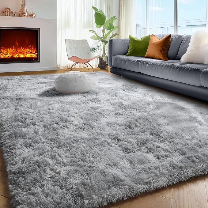 PAGISOFE Abstract Shaggy Washable Area Rug 4' x 6' Plush Soft Fluffy Fuzzy Furry Carpet for Living Room, Home Decor Aesthetic Tie-Dyed Light Grey Bedside Rugs, Nursery Grils Boys Kids Room