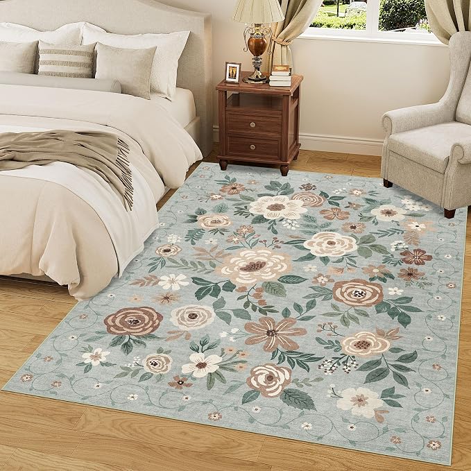 DUKINO 5x7 Area Rug Floral Washable Rug for Living Room Non Slip Sage Green | Soft, Low Pile, Stain Resistant Indoor Rug for Bedroom, Dining Room, Office, Pet Friendly, Lightweight, Modern Home Decor