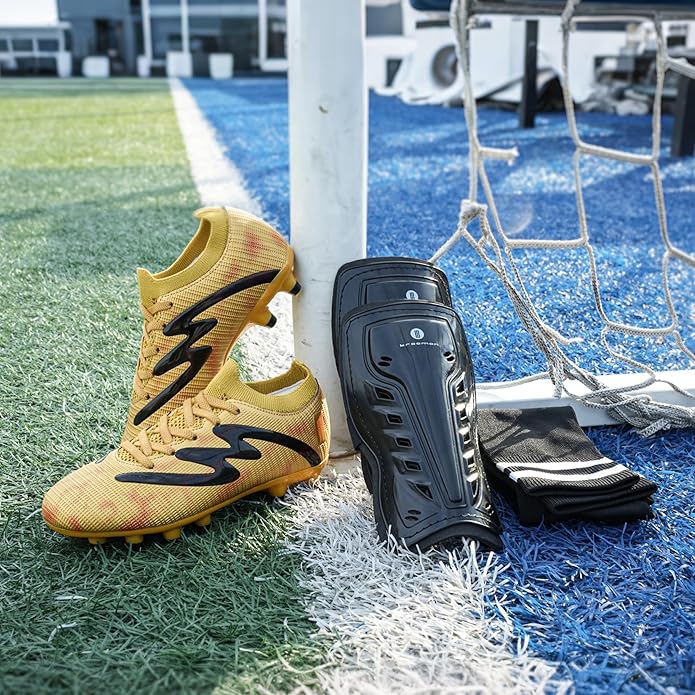 brooman Kids Firm Ground Soccer Cleats Boys Girls Football Shoes with Shin Guards and Soccer Socks