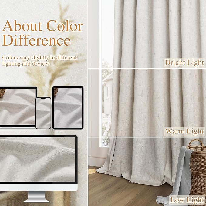 Guken Light Beige 100% Blackout Curtains 102 Inch Length 2 Panels Set for Living Room Bedroom Back Tab Winter Thermal Insulated Black Out High End Linen Drapes Room Darkening Window Curtain