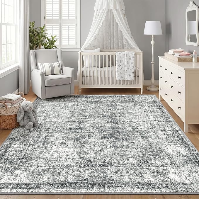 CAPALOCA Square 8ft Washable Nursery Girls Low Pile Area Rug Grey | Non-Slip Soft Rugs for Bedroom Kids Playroom Living Room, Print Pattern Water Repellent Carpet Indoor Decor