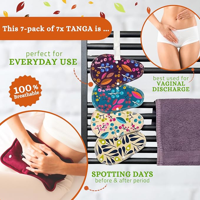 Cloth Panty Liners Thong 7-Pack (Small) Mini Organic Cotton Reusable Panty Liners for Women & Non Slip Reusable Panty Liners for Women 7-Pack (S) Organic Viscose Panty Liners Reusable