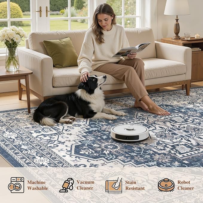 UERMEI 10x12 Area Rug for Living Room - Washable Vintage Carpet, Non-Slip Soft Large Indoor Floor Rugs for Bedroom Home Office & Under Dining Table Decor, Denim Blue/White