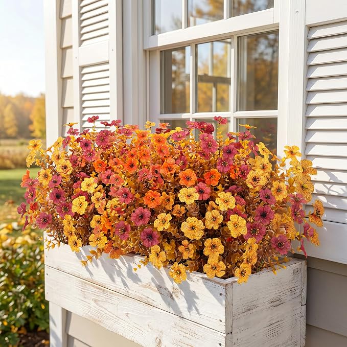Ouddy Decor 24 Pcs Artificial Fall Flowers, Fake Mums Outdoors, Deep Orange | Lifelike faux mums, silk flower, UV resistant, no-maintenance, for autumn Thanksgiving garden porch yard indoor outdoor decor