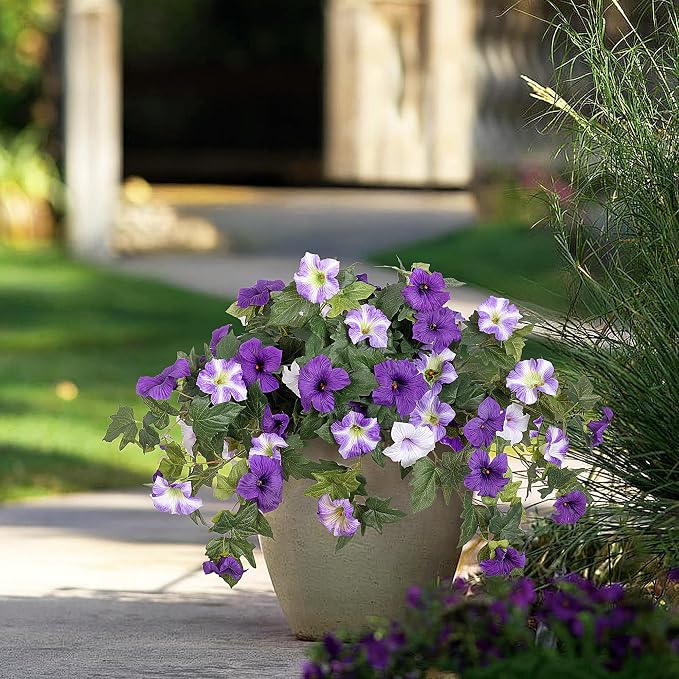 Ammyoo Artificial Fake Flowers Plants for Outdoor Decoration, 2PCS Faux Petunias Silk Flower UV Resistant No Fade for Home Outside Garden Balcony Yard Porch Realistic Indoor Decor (Purple White)