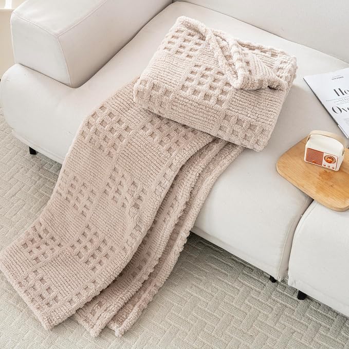 Waffle Brown Throw Blanket -Fluffy Fleece, Neutral Tan Color, Cute & Aesthetic, Perfect for Sofa, Couch, Chair, Bed, Living Room & Bedroom, All-Season Use, Plush & Cozy Decorative Blanket 50x60