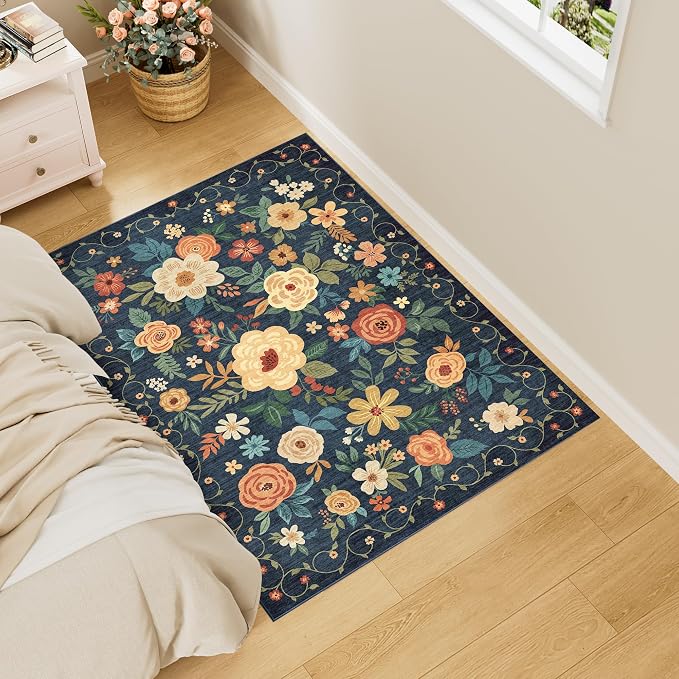 DUKINO 3x4 Area Rug, Floral Washable Rug for Kitchen Non Slip, Navy Blue | Low Pile, Soft, Stain Resistant Indoor Rug for Entryway, Bedroom, Bathroom, Laundry, Pet Friendly, Home Decor, Lightweight