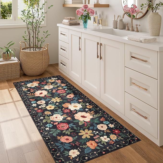 DUKINO 2x5 Runner Rug, Floral Washable Rug for Kitchen Non Slip, Black | Low Pile, Soft, Stain Resistant Indoor Rug Runner for Entryway, Hallway, Bedroom, Bathroom, Laundry, Pet Friendly, Home Decor