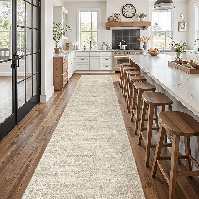 Soalmost Hallway Runner Rug 2'6" x 14' Washable Long Kitchen Rugs Beige | Non-Slip Vintage Runners 2.5x14ft for Bathroom Entryway, Thin Low-Pile Foldable 14 ft Floor Carpet Mat for Corridor Bedroom