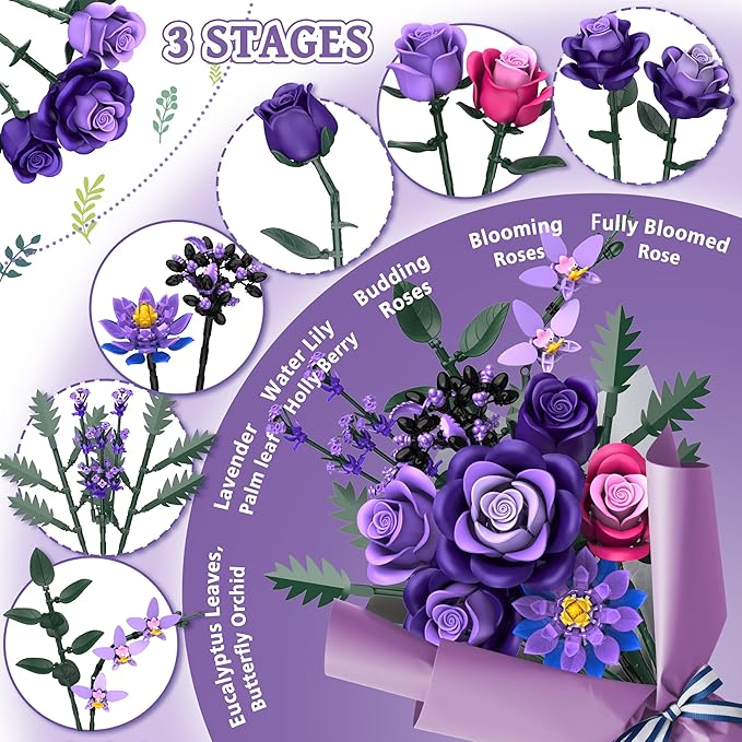 Purple Roses Flower Bouquet Building Sets, 834PCS Artificial Flowers Building Blocks, Gothic Decor Halloween Decor Botanical Collection for Adults Women, Gifts for Halloween Christmas Valentines Day