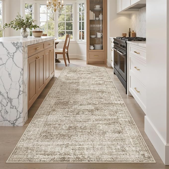 Soalmost Washable 4x8 Hallway Runner Rug Non-Slip Kitchen Entry Rugs Brown | Vintage Wide Runners for Living Dining Room Entryway, Foldable Low-Pile Floor Carpet Mat 8ft for Corridor Foyer Bedroom