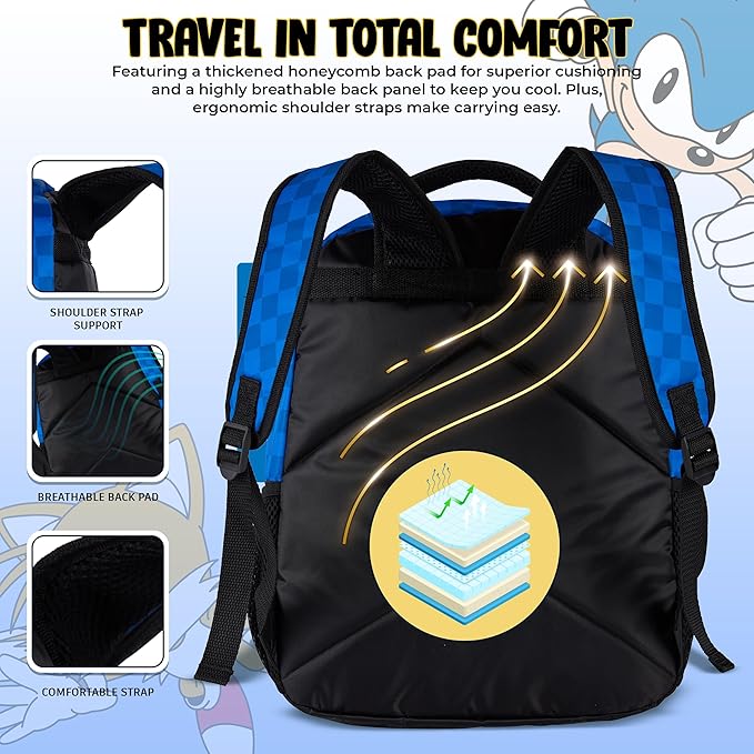 AI ACCESSORY INNOVATIONS Sonic The Hedgehog Backpack, Boys & Girls Featuring Sonic, Tails, and Knuckles,16” Bookbag w/Molded Sonic Dangle, Blue