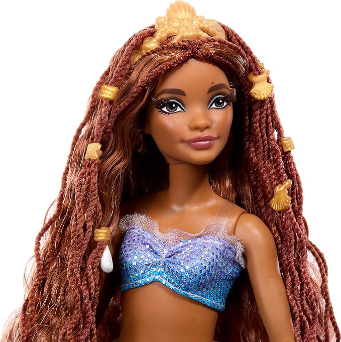 Mattel Disney The Little Mermaid Deluxe Ariel Doll with Iridescent Tail, Hair Jewelry Beads & Display Stand, Inspired by the Movie
