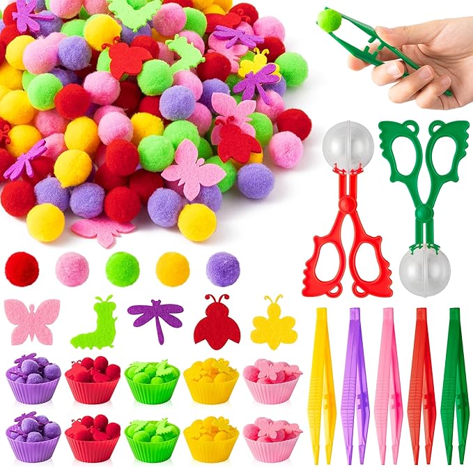 EZdhuawuse Fall Insects Sensory Bin Fillers - 268Pcs Insects Fine Motor Toys Color Counting Sorting Set for Kids, Felt Dragonfly Butterfly Bugs Pom Poms Cup Clip for Preschool Education Activities