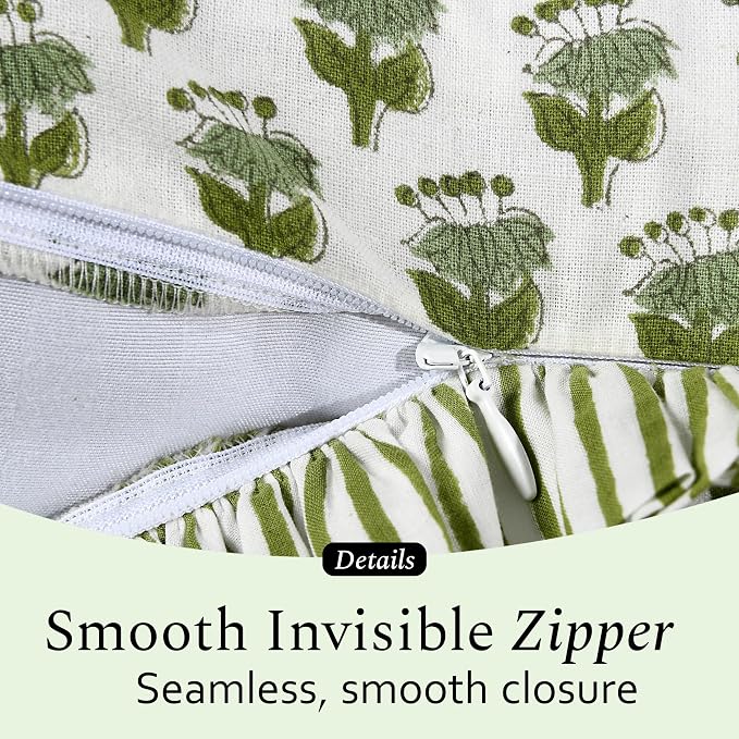 CPC Block Print Ruffle Throw Cover Emerald Green 24"x24" Inch Pack of 2-100% Cotton Ruffle Couch Decorative Boho Pillows Case for Living Room, Bedroom, Sofa, Farmhouse Gift for Spring, Mother's Day