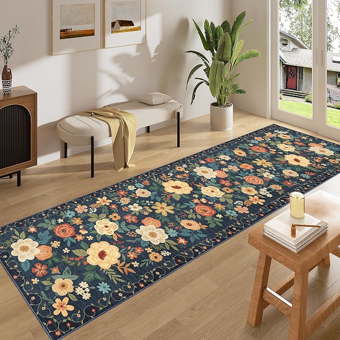 DUKINO 2x8 Runner Rug, Washable Runner Rug for Kitchen Non Slip, Navy Blue | Low Pile, Floral, Soft Indoor Rug for Hallway, Entryway, Bedroom, Bathroom, Pet Friendly, Stain Resistant, Modern Home Decor