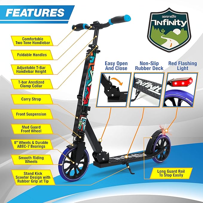 SereneLife Two Wheel Scooter for Teens, Smooth Gliding Kick Scooter for Adults w/Adjustable Height for Ages 8+, Portable All Terrain Scooter w/Carry Straps, Easy to Fold