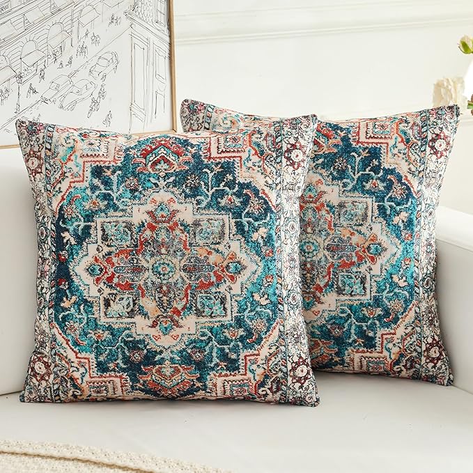 Boho Throw Pillow Covers 16x16 inch Set of 2,Boho Vintage Carpet Pattern Antique Ethnic Decor Double Sided Pattern Cushion Cover Soft Pillow Case Living Sofa Room Bed Square Pillow Cover