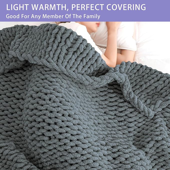 Bigacogo Chunky Knit Throw Blanket for Couch, 40x80 inches, Iron Gray | Hand Knit with Jumbo Chenille, Soft Breathable Cable Knit for Sofa Bed Living Room, Machine Washable, Gift for Mom Friend