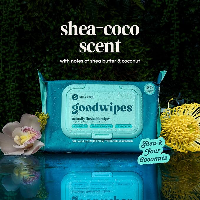 goodwipes Flushable Wipes Bulk Pack, Shea-Coco Adult Wet Wipes for Women & Men, Sewer & Septic Safe, Toilet & Bathroom Essentials, Extra Large, 418 Count (8 Packs and 1 Travel Pack)