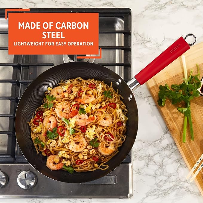 IMUSA USA Inch, Red PAN-10046 12" Nonstick Carbon Steel Wok, Handle | Hanging Ring, Ideal for Stir-Frying, Great for Cooking a Variety of Dishes