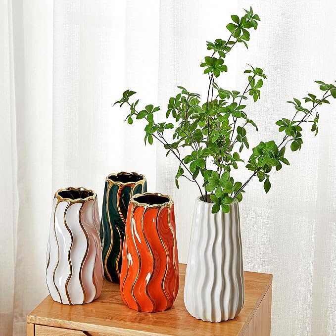 Ceramic Vase, Orange Vase for Home Decor,Decorative Flower Vase, Vertical Stripe Ceramic Vases for Home Décor, Bedroom, Office, Living Room, Bathroom, Tabletop Decor, Centerpiece (Orange)