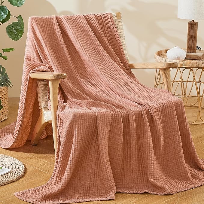EMME Cotton Muslin King Blanket Bed Layering Breathable Gauze Blanket Soft Lightweight Blankets Adults (Orange Red, 108"x90")