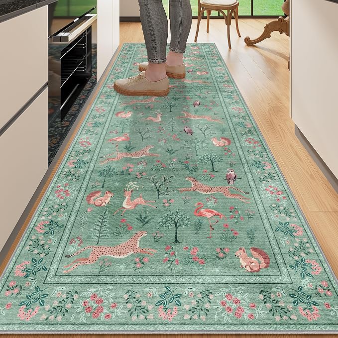 DUKINO 2x6 Runner Rug, Washable Animal Kitchen Rugs Non Slip, Teal | Soft, Low Pile, Stain Resistant Indoor Carpet for Hallway, Entryway, Bedroom, Bathroom, Laundry,Pet Friendly, Lightweight