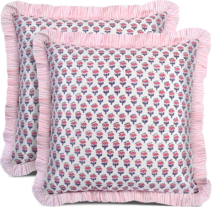 CPC Pink Sapphire Ruffle Throw Pillow Covers for Couch, 18x18 Inch Cotton Stripe Ruffle Couch Pillows for Living Room, Hidden 14 Inch Zipper Boho Pillow Case or Cute Outdoor Pillows