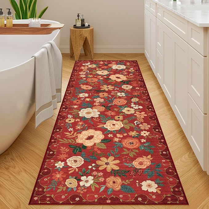 DUKINO 2x6 Runner Rug for Hallway, Washable Kitchen Rugs Non Slip, Red | Low Pile, Soft, Floral Indoor Rug for Entryway, Bedroom, Laundry, Bathroom, Pet Friendly, Lightweight, Modern Home Decor