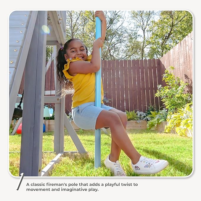 Teamson Kids Laguna Outdoor Wooden Swing Set with Slide, Rock Climbing Wall, Fireman Pole & Trapeze Bar, Gray & Aqua, Backyard Playset for Toddlers and Kids Ages 3–10
