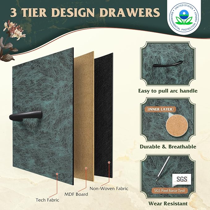 WLIVE Small Dresser Nightstand for Bedroom, 4 Drawers, Vintage Green | 4 vertical fabric drawers, Space-saving tower, Bedroom or closet use, Chest of drawers, Dresser for small spaces