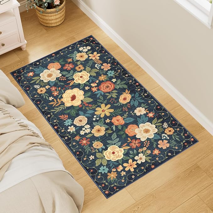 DUKINO 2x4 Entryway Rug, Floral Washable Kitchen Rugs Non Slip, Navy Blue | Low Pile, Soft Indoor Runner Rug for Hallway, Bedroom, Bathroom, Laundry, Pet Friendly, Modern Home Decor, Stain Resistant