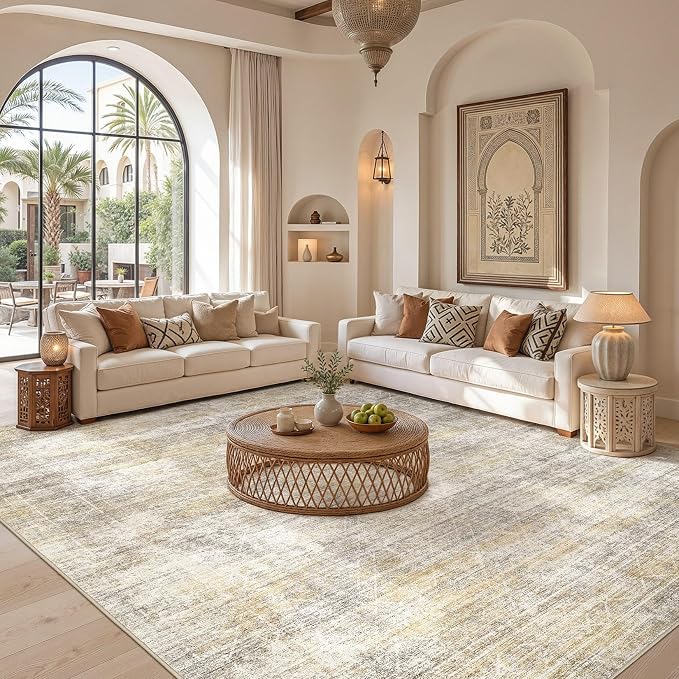 cotiled Washable Area Rugs 8x10 Living Room | Non Slip Backing, Stain Resistant, Pet Friendly, Large Neutral Soft Indoor Carpet For Bedroom, Nursery, Office, Gold/Brown