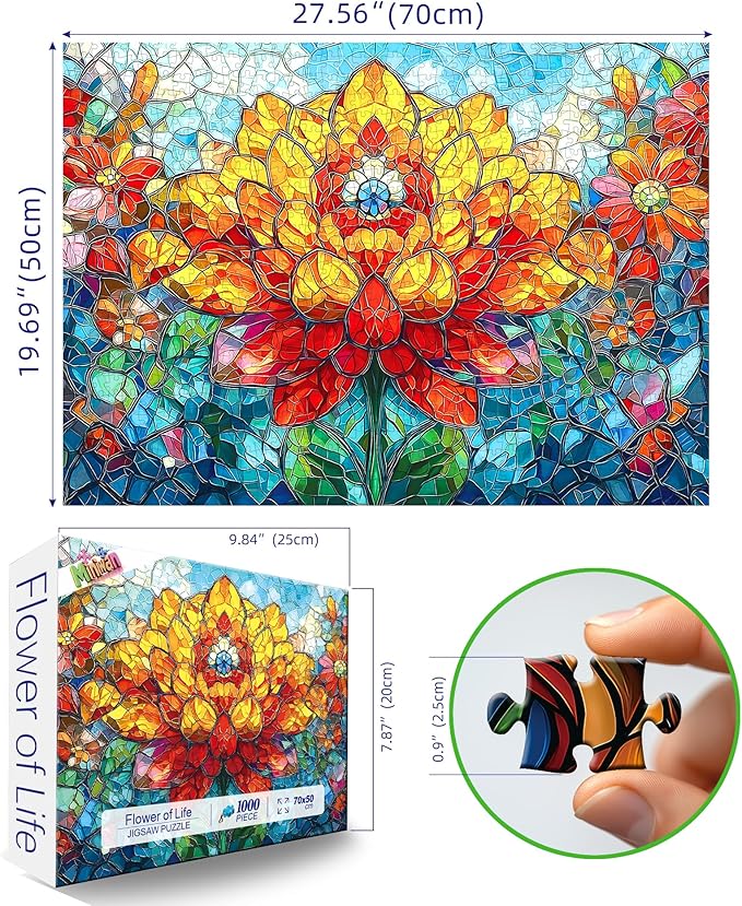 Stained Glass Dahlia Floral Puzzles for Adults 1000 Pieces, Impossible Hard Difficult Challenging Puzzles for Adults, Colorful Mosaic Dahlia Floral Jigsaw Puzzle 1000 Pieces