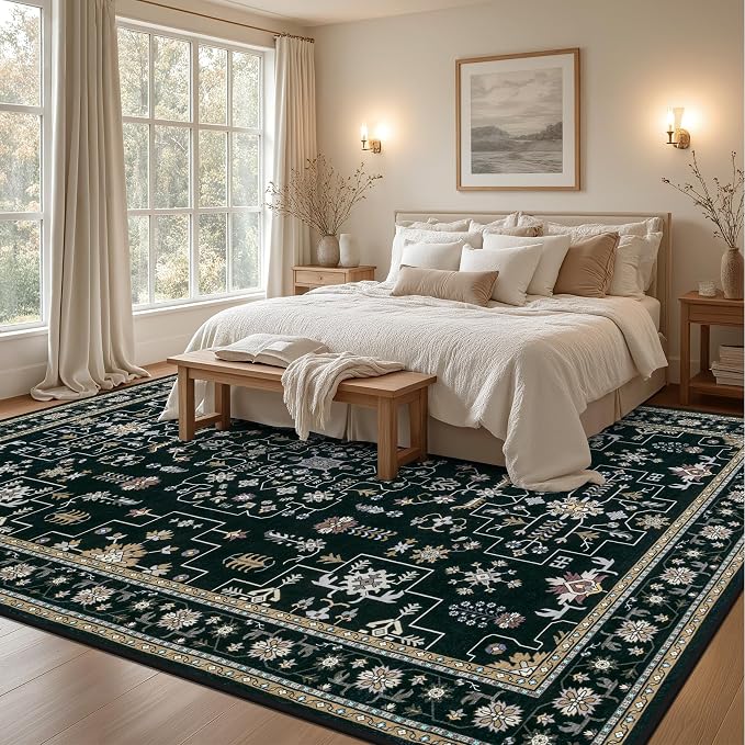 8x10 Area Rugs for Living Room: Washable Rug Soft Vintage Boho Medallion Carpet Indoor Floor Non-Slip Stain Resistant Large Carpets for Bedroom Dining Room Farmhouse Nursery Home Office Black