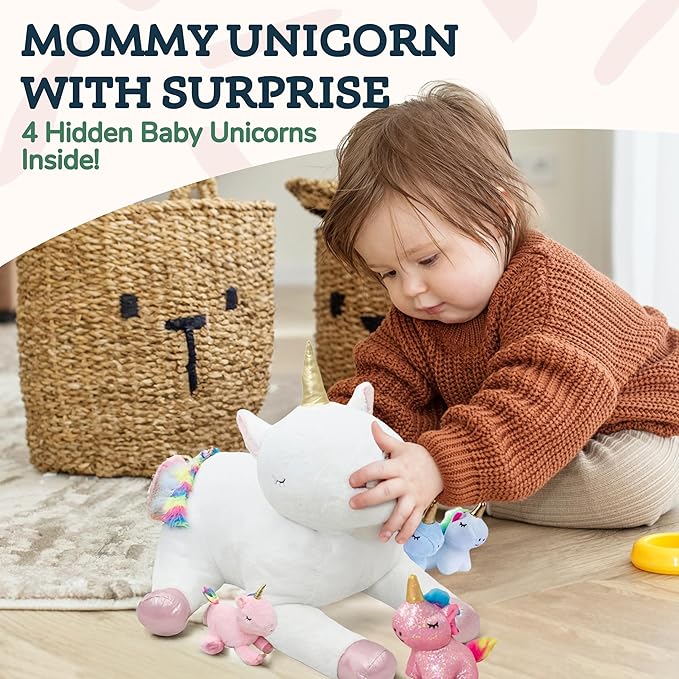 PixieCrush Giant Unicorn Stuffed Animals for Girls Ages 3 4 5 6 7 8 Years; Snugababies Family of Stuffed Mommy with 4 Baby Unicorns in her Tummy; Soft Unicorn Pillows for Girls