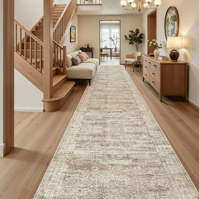 Soalmost Washable 3x18 Hallway Runner Rug Non-Slip Kitchen Entry Rugs Brown | Vintage Extra Long Runners 18ft for Bathroom Entryway, Foldable Low-Pile Wide Floor Carpet for Corridor Living Room Bedroom