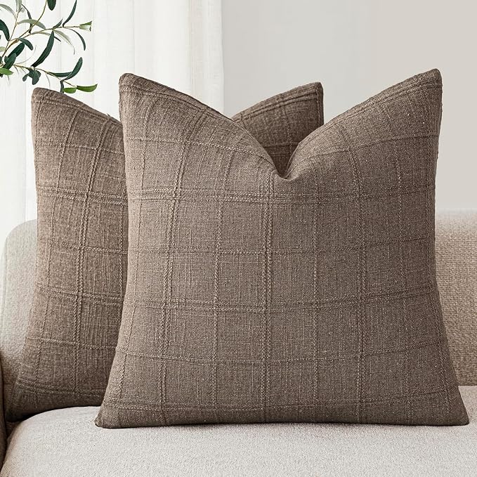 Foindtower Set of 2 Decorative Linen Check Throw Pillow Covers Neutral Farmhouse Vintage Cushion Covers Modern Boho Home Decor for Sofa Chair Couch Bedroom Living Room,22×22 Inch,Taupe Grey