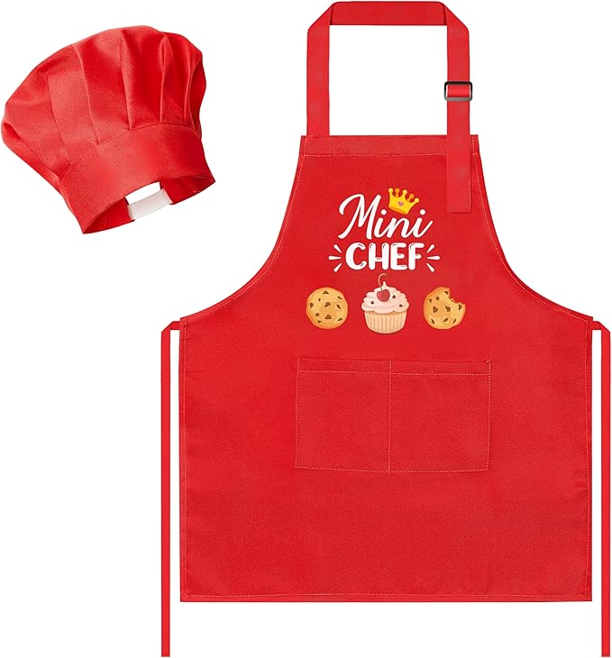 R HORSE Kid Apron and Chef Hat Set - 2Pcs Red Mini Chef Adjustable Children Kitchen Toddler Apron for Girls Boys, Funny Dress up Pretend Play Toy Birthday Gift for Kids Cooking Baking Painting