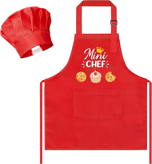 R HORSE Kid Apron and Chef Hat Set - 2Pcs Red Mini Chef Adjustable Children Kitchen Toddler Apron for Girls Boys, Funny Dress up Pretend Play Toy Birthday Gift for Kids Cooking Baking Painting
