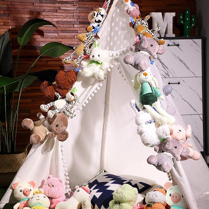 2 Pcs Stuffed Animals Storage Chain Hanging Stuffed Animal Organizer with 40 Plastic Clips 79'' Plush Toys Display Holder with Hooks for Wall Decor Bedroom Play Room Storage Hats Socks Cards