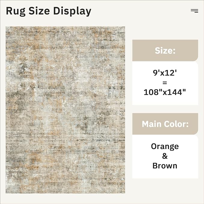 Soalmost 9x12 Area Rugs for Living Room Washable Rug Abstract Orange/Brown | Non-Slip Large Modern Carpet for Dining Bedroom, Soft Low Pile Lightweight Foldable Floor Mat Nursery Home Office Decor