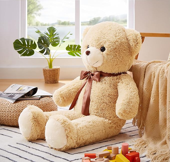 Big Teddy Bear Stuffed Animal 35in Giant Stuffed Bear Gift for Girlfriend Children on Birthday, Light Brown