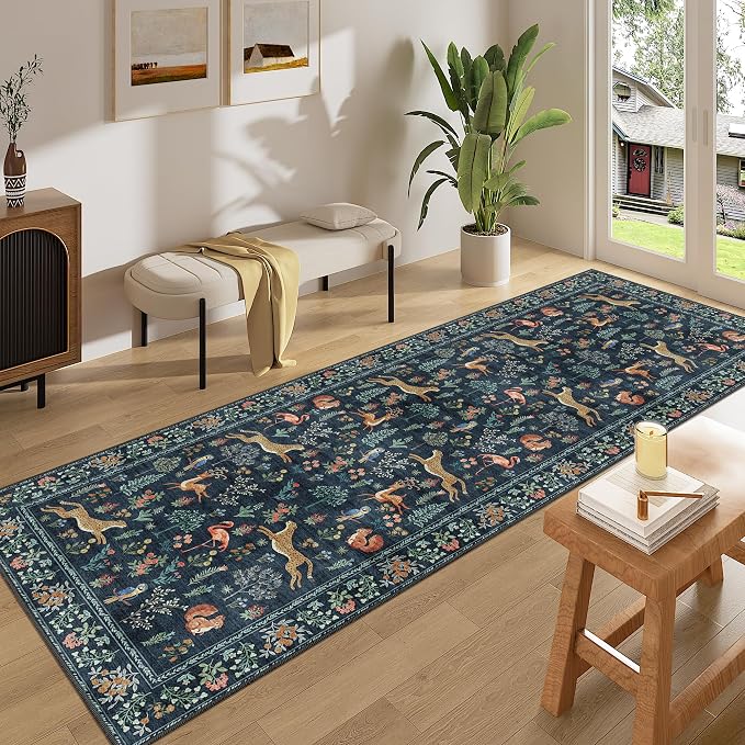 DUKINO 3x8 Runner Rug, Animal Washable Runner Rug for Kitchen, Navy Blue | Non Slip, Low Pile, Soft Indoor Carpet Runner for Hallway, Entryway, Bedroom, Bathroom, Laundry, Pet Friendly, Non-Shedding