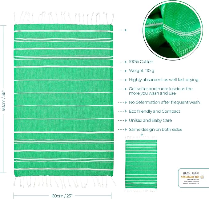 Cacala 100% Turkish Cotton Kitchen Tea Towels, Highly Absorbent Luxury Soft Quick Drying Dish Towel with Hanging Loop for Gym, Yoga, Bath, Sports, Cleaning and Kitchen (23 x 36), Green