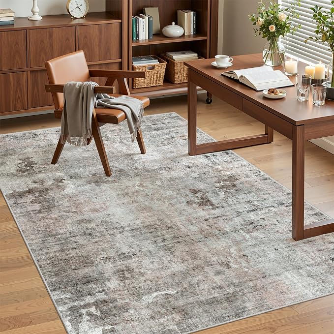 Soalmost Abstract 3x5 Rugs, Small Kitchen Entryway Area Rug Pink/Grey | Vintage Low Pile Carpet for Nursery Coffee Table Bathroom, Foldable Stain Resistant Indoor Door Mat Entrance Powder Room